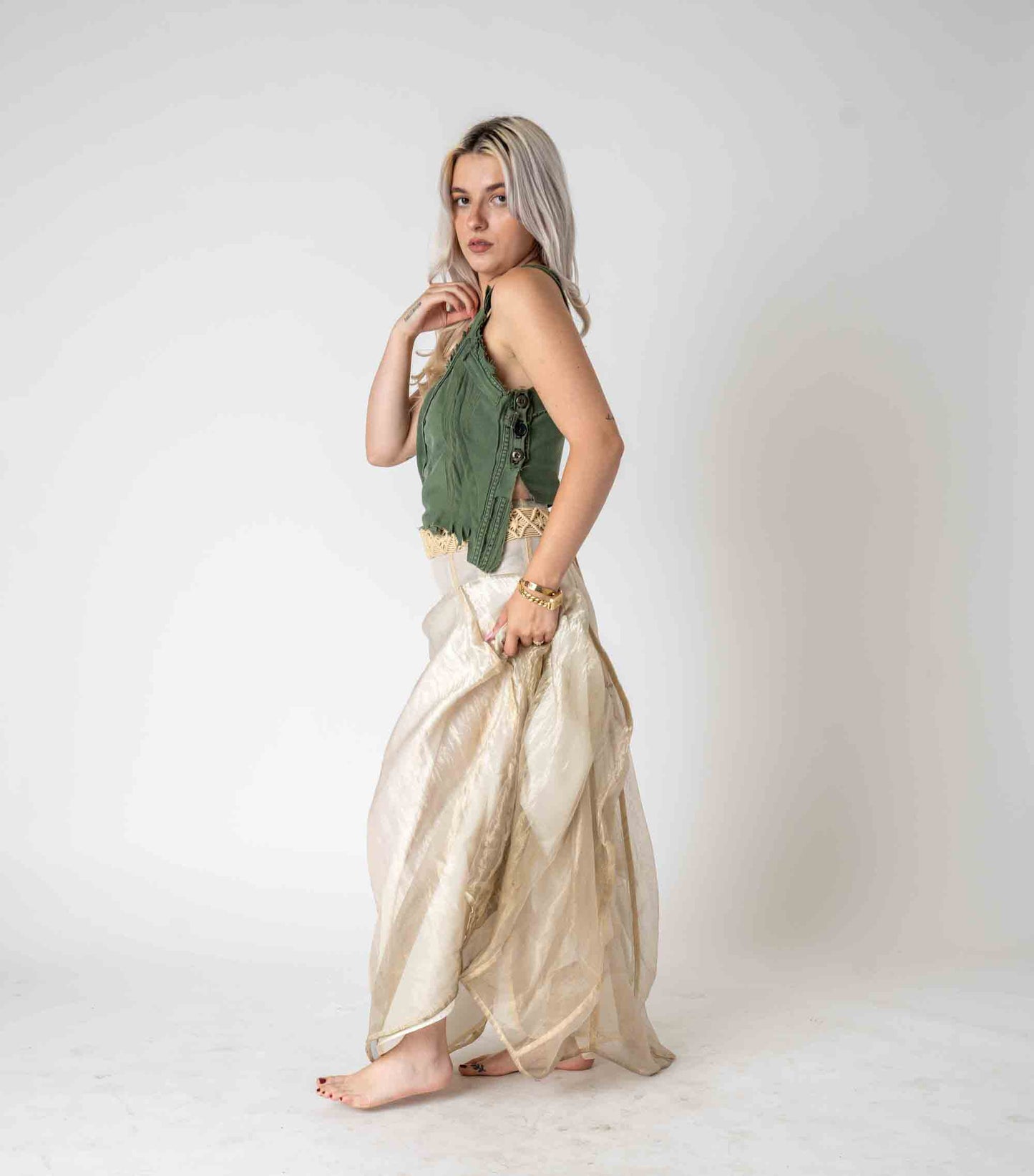 Raw silk layered skirt